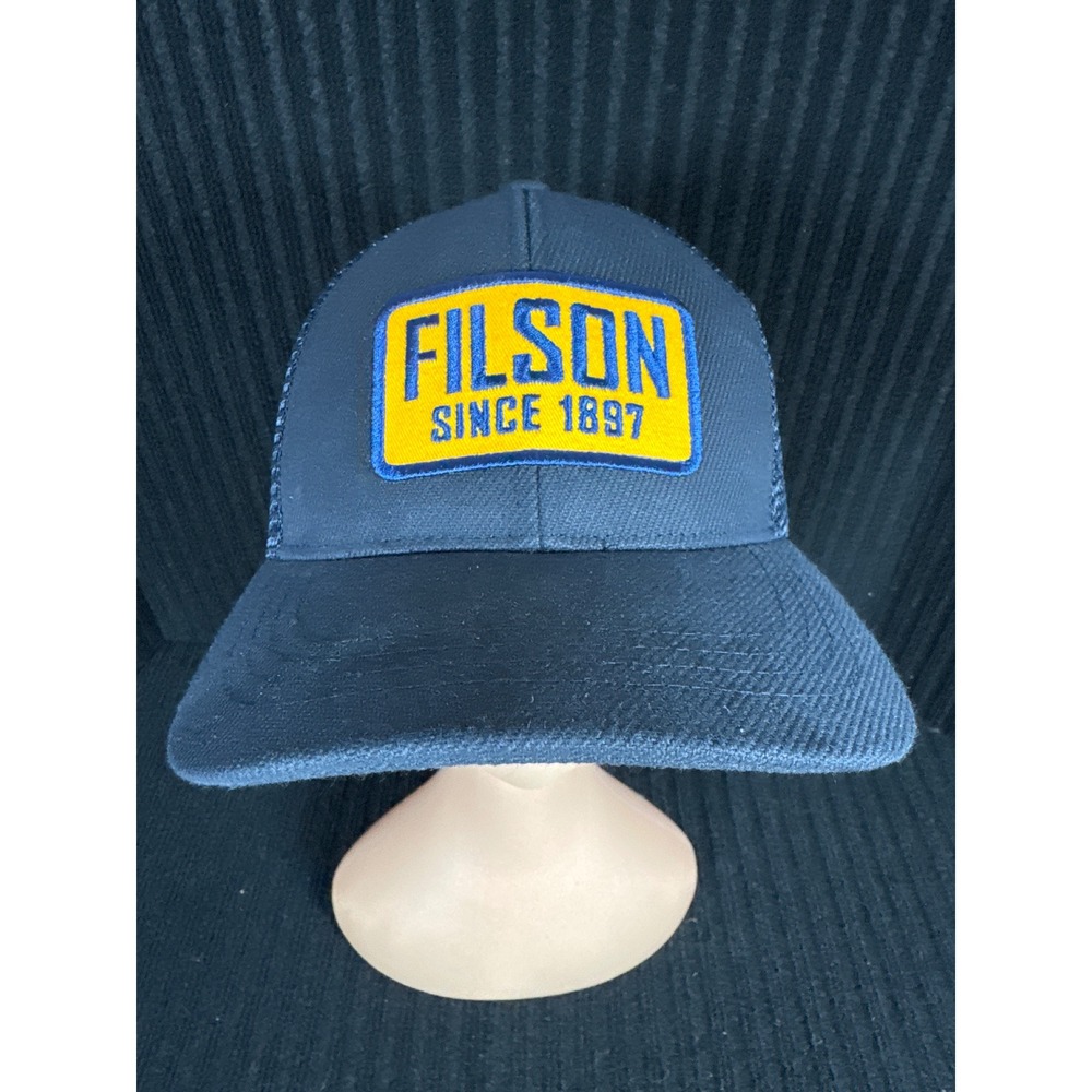 Filson Mesh Logger Hat Navy Blue Yellow Embroidered Patch Snapback Cap